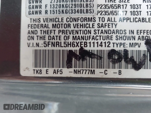 2014 Honda Odyssey EX-L with VIN 5FNRL5H6XEB111412, listed as a IAAI auction lot 41917361 with 210,841 mi miles and . Bid and sale history available at carsss.com. Image 9.