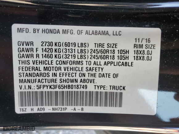 2017 Honda Ridgeline RTL-T with VIN 5FPYK3F65HB018749, listed as a Copart auction lot 80047434 with 198,308 mi miles and Salvage Title. Bid and sale history available at carsss.com. Image 12.