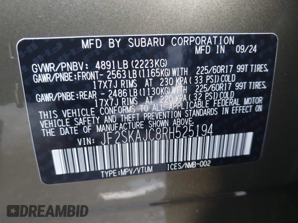 2024 Subaru Forester Wilderness with VIN JF2SKAJC8RH525194, listed as a IAAI auction lot 41697885 with 4,755 mi miles. Bid and sale history available at carsss.com. Image 9.