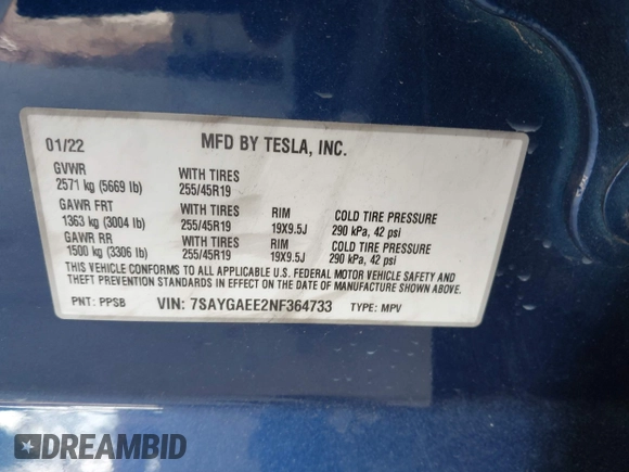 2022 Tesla Model Y Long Range z VIN 7SAYGAEE2NF364733, wystawiony jako IAAI lot #42290231 z przebiegiem 33 907 mil mil oraz . Historia ofert i sprzedaży dostępna na DreamBid. Obrazek 9.