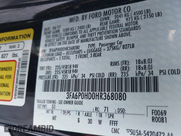 2017 Ford Fusion SE with VIN 3FA6P0HD0HR368080, listed as a IAAI auction lot 41428408 with 74,426 mi miles. Bid and sale history available at carsss.com. Image 9.
