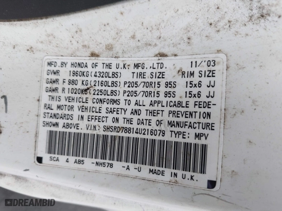 2004 Honda CR-V EX with VIN SHSRD78814U216079, listed as a IAAI auction lot 41877391 with 260,446 mi miles. Bid and sale history available at carsss.com. Image 9.