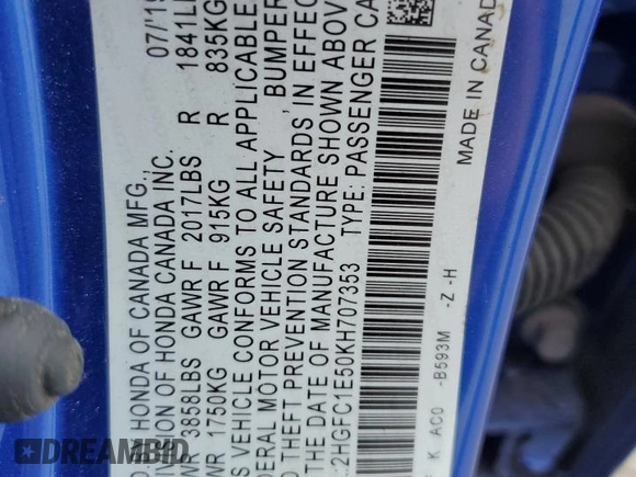 2019 Honda Civic Si with VIN 2HGFC1E50KH707353, listed as a Copart auction lot 44366635 with Not Provided miles and Salvage Title. Bid and sale history available at DreamBid. Image 14.