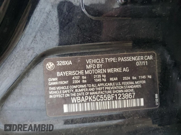 2011 BMW 3 Series 328i xDrive z VIN WBAPK5C55BF123867, wystawiony jako Copart lot #54008675 z przebiegiem 136 222 mil mil oraz Szkoda całkowita • Salvage title. Historia ofert i sprzedaży dostępna na DreamBid. Obrazek 12.