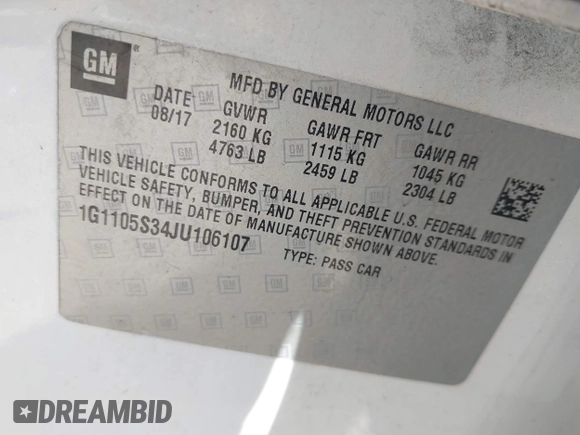2018 Chevrolet Impala LT with VIN 1G1105S34JU106107, listed as a IAAI auction lot 41871693 with 111,412 mi miles and . Bid and sale history available at DreamBid. Image 9.