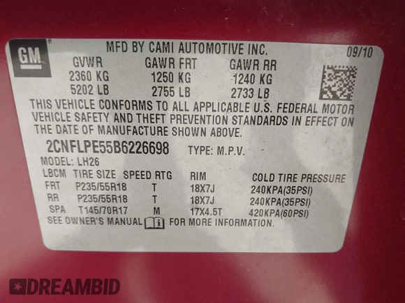2011 Chevrolet Equinox LT with VIN 2CNFLPE55B6226698, listed as a IAAI auction lot 41976327 with 244,278 mi miles. Bid and sale history available at carsss.com. Image 9.
