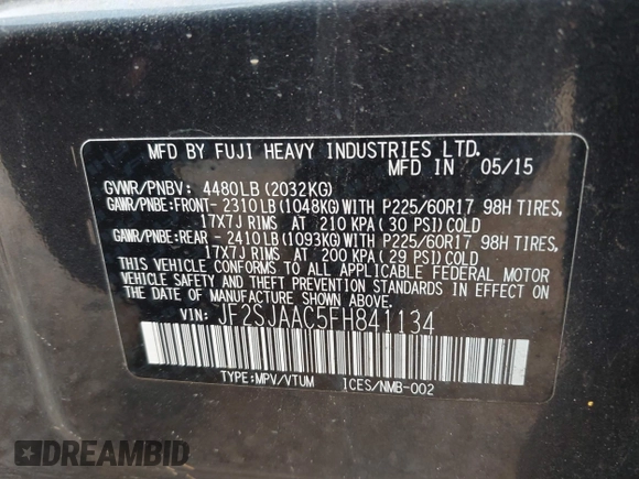 2015 Subaru Forester 2.5i with VIN JF2SJAAC5FH841134, listed as a IAAI auction lot 41889369 with 155,793 mi miles and . Bid and sale history available at DreamBid. Image 9.