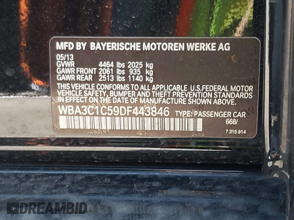 2013 BMW 3 Series 328i with VIN WBA3C1C59DF443846, listed as a IAAI auction lot 41932475 with 88,721 mi miles. Bid and sale history available at carsss.com. Image 9.