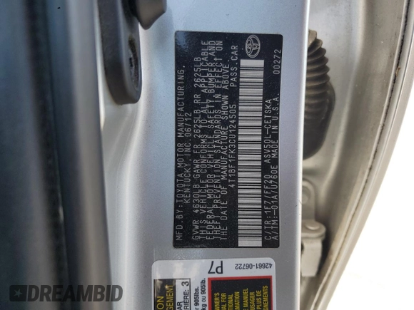 2012 Toyota Camry L with VIN 4T1BF1FK3CU124505, listed as a Copart auction lot 55235915 with 193,363 mi miles and Salvage Title. Bid and sale history available at DreamBid. Image 12.