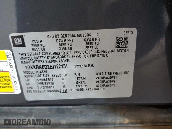 2014 GMC Acadia SLE with VIN 1GKKRNED2EJ122131, listed as a Copart auction lot 50497515 with 129,740 mi miles and Salvage Title. Bid and sale history available at carsss.com. Image 13.