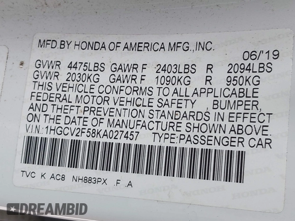 2019 Honda Accord EX-L with VIN 1HGCV2F58KA027457, listed as a IAAI auction lot 39485185 with 47,605 mi miles and . Bid and sale history available at DreamBid. Image 9.