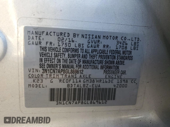 2016 Nissan Versa S with VIN 3N1CN7AP8GL869612, listed as a Copart auction lot 49779105 with 94,714 mi miles and Salvage Title. Bid and sale history available at carsss.com. Image 12.