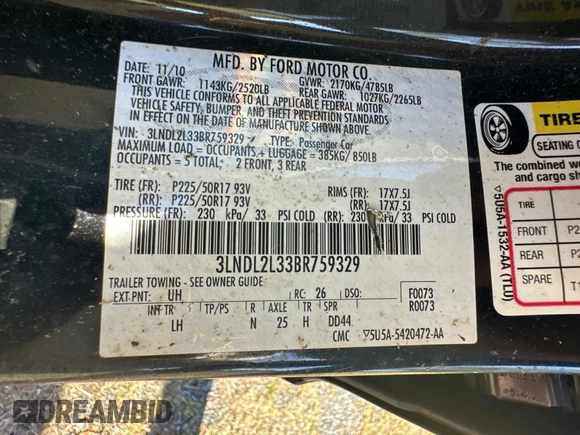 2011 Lincoln MKZ Hybrid with VIN 3LNDL2L33BR759329, listed as a Copart auction lot 83069104 with 131,927 mi miles and Clean Title. Bid and sale history available at carsss.com. Image 10.