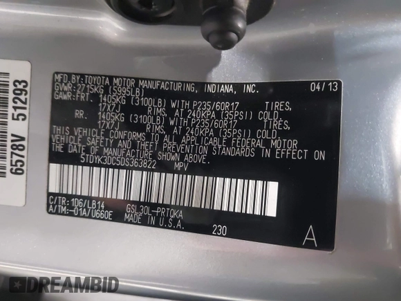 2013 Toyota Sienna XLE AAS with VIN 5TDYK3DC5DS363822, listed as a IAAI auction lot 42019598 with 74,508 mi miles. Bid and sale history available at carsss.com. Image 9.