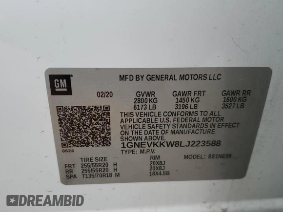2020 Chevrolet Traverse Premier with VIN 1GNEVKKW8LJ223588, listed as a Copart auction lot 42379705 with 74,977 mi miles and Clean Title. Bid and sale history available at carsss.com. Image 13.