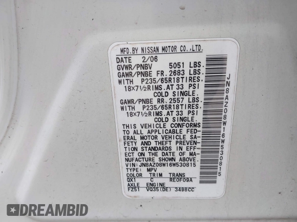 2006 Nissan Murano SL z VIN JN8AZ08W16W530815, wystawiony jako IAAI lot #42275429 z przebiegiem 134 000 mil mil oraz . Historia ofert i sprzedaży dostępna na DreamBid. Obrazek 9.