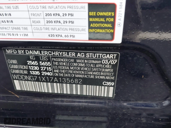 2007 Mercedes-Benz S 550 with VIN WDDNG71X17A135682, listed as a IAAI auction lot 41915691 with 109,765 mi miles and . Bid and sale history available at DreamBid. Image 9.