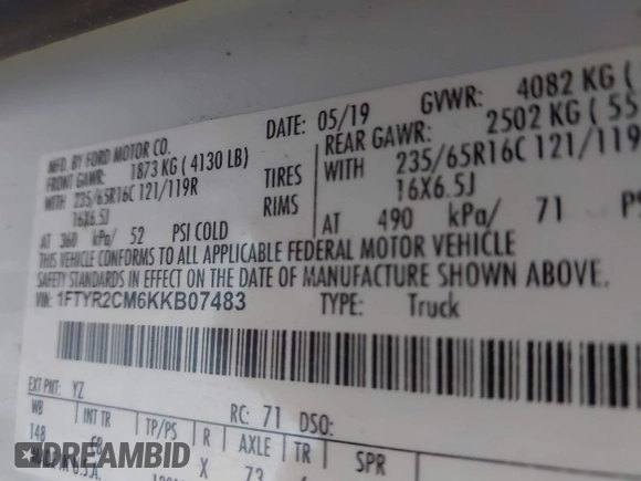 2019 Ford Transit with VIN 1FTYR2CM6KKB07483, listed as a IAAI auction lot 40104500 with Not Provided miles. Bid and sale history available at carsss.com. Image 9.
