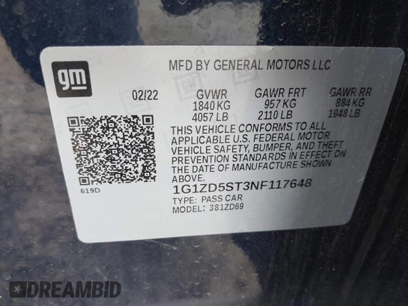 2022 Chevrolet Malibu LT with VIN 1G1ZD5ST3NF117648, listed as a IAAI auction lot 41899179 with 53,065 mi miles and . Bid and sale history available at DreamBid. Image 9.