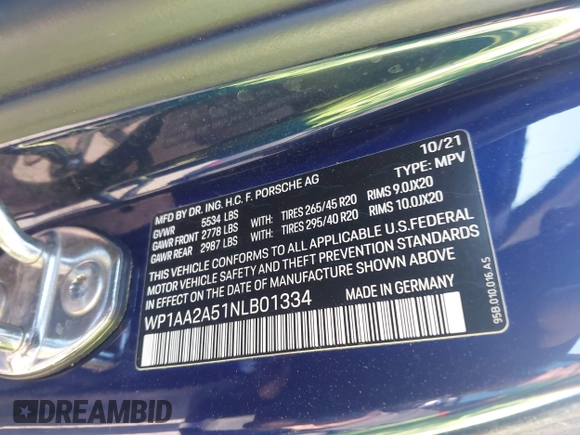 2022 Porsche Macan with VIN WP1AA2A51NLB01334, listed as a IAAI auction lot 41970211 with Not provided miles and . Bid and sale history available at DreamBid. Image 9.