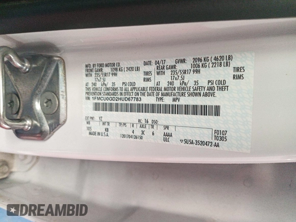 2017 Ford Escape SE z VIN 1FMCU0GD2HUD67783, wystawiony jako IAAI lot #42575794 z przebiegiem 98 188 mil mil oraz . Historia ofert i sprzedaży dostępna na DreamBid. Obrazek 21.