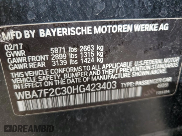 2017 BMW 7 Series with VIN WBA7F2C30HG423403, listed as a Copart auction lot 74029333 with 51,212 mi miles and . Bid and sale history available at DreamBid. Image 12.