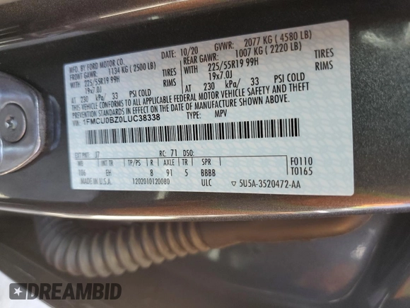 2020 Ford Escape SE Sport Hybrid with VIN 1FMCU0BZ0LUC38338, listed as a Copart auction lot 63516275 with 36,776 mi miles and Salvage title. Bid and sale history available at DreamBid. Image 13.
