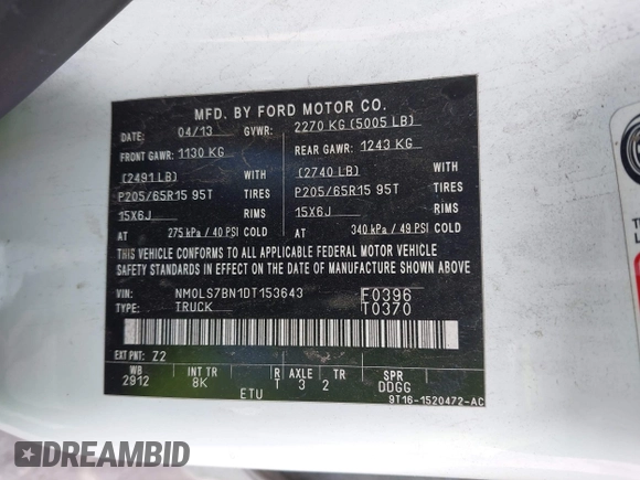 2013 Ford Transit Connect XLT with VIN NM0LS7BN1DT153643, listed as a IAAI auction lot 42658270 with 190,651 mi miles and . Bid and sale history available at DreamBid. Image 9.