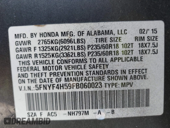 2015 Honda Pilot EX-L with VIN 5FNYF4H59FB060023, listed as a IAAI auction lot 41327793 with 197,981 mi miles and . Bid and sale history available at carsss.com. Image 9.