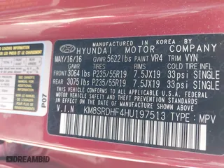 2017 Hyundai Santa Fe Limited Ultimate with VIN KM8SRDHF4HU197513, listed as a IAAI auction lot 41757051 with 167,574 mi miles. Bid and sale history available at carsss.com. Image 9.