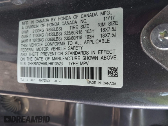 2018 Honda CR-V EX with VIN 2HKRW2H58JH613523, listed as a IAAI auction lot 42104837 with 122,981 mi miles and . Bid and sale history available at DreamBid. Image 9.