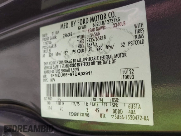 2007 Ford Explorer Limited с VIN 1FMEU65E97UA93911, выставлен на аукционе IAAI как лот 41920306 с пробегом 109 378 миль миль и . История ставок и продаж доступна на DreamBid. Изображение 9.