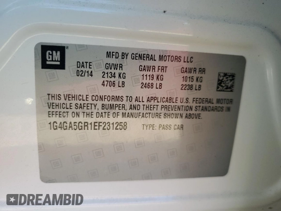 2014 Buick LaCrosse with VIN 1G4GA5GR1EF231258, listed as a Copart auction lot 49964285 with 62,295 mi miles and Salvage Title. Bid and sale history available at carsss.com. Image 12.