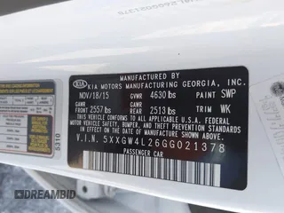 2016 Kia Optima SX Turbo with VIN 5XXGW4L26GG021378, listed as a IAAI auction lot 41852249 with 98,239 mi miles and . Bid and sale history available at carsss.com. Image 9.