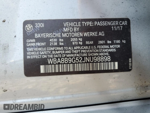 2018 BMW 3 Series 330i with VIN WBA8B9G52JNU98898, listed as a Copart auction lot 50953775 with 89,574 mi miles and Clean title. Bid and sale history available at DreamBid. Image 12.