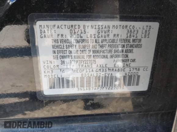 2015 Nissan Sentra S with VIN 3N1AB7AP7FY227075, listed as a IAAI auction lot 41983590 with 115,122 mi miles. Bid and sale history available at carsss.com. Image 9.