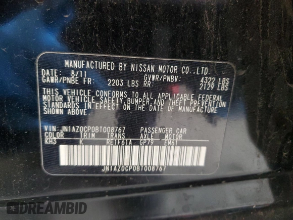 2011 Nissan LEAF SL-e with VIN JN1AZ0CP0BT008767, listed as a Copart auction lot 49310855 with 125,719 mi miles and Salvage Title. Bid and sale history available at carsss.com. Image 14.