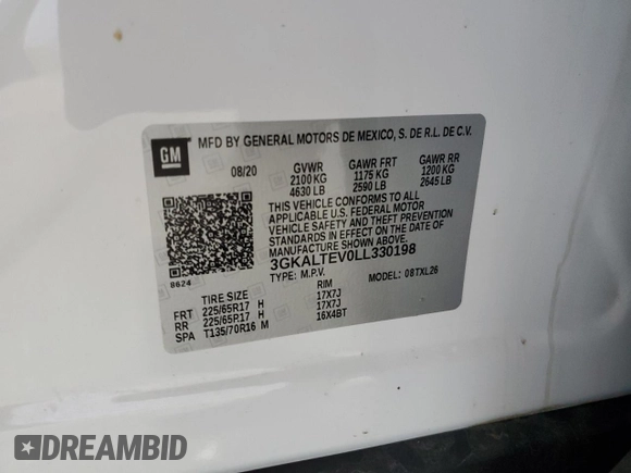 2020 GMC Terrain SLE with VIN 3GKALTEV0LL330198, listed as a Copart auction lot 51266175 with 47,384 mi miles and Salvage title. Bid and sale history available at DreamBid. Image 13.
