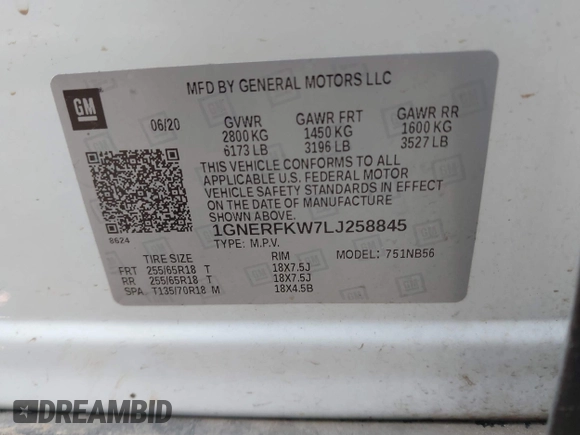 2020 Chevrolet Traverse LS z VIN 1GNERFKW7LJ258845, wystawiony jako IAAI lot #42013350 z przebiegiem 106 649 mil mil oraz . Historia ofert i sprzedaży dostępna na DreamBid. Obrazek 9.