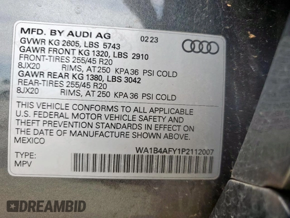2023 Audi SQ5 Premium Plus with VIN WA1B4AFY1P2112007, listed as a Copart auction lot 57800185 with 21,101 mi miles and Salvage title. Bid and sale history available at DreamBid. Image 14.