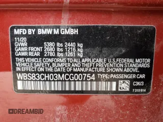 2021 BMW M5 with VIN WBS83CH03MCG00754, listed as a Copart auction lot 50154465 with 34,540 mi miles and Salvage Title. Bid and sale history available at carsss.com. Image 12.