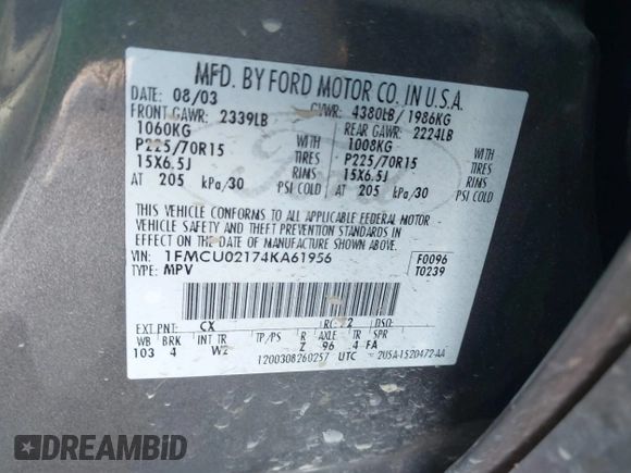2004 Ford Escape with VIN 1FMCU02174KA61956, listed as a IAAI auction lot 41913605 with 166,587 mi miles and . Bid and sale history available at DreamBid. Image 9.