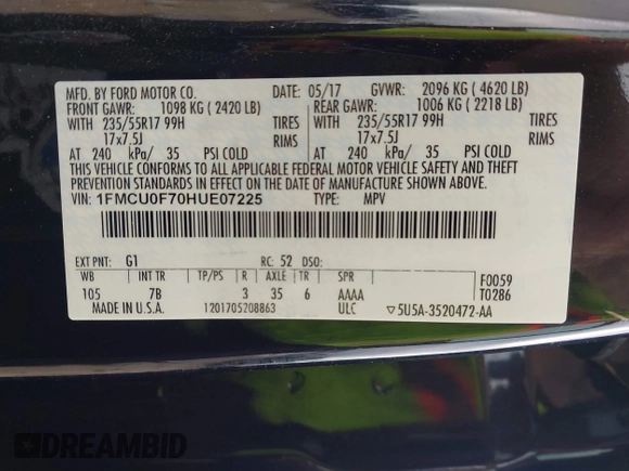 2017 Ford Escape S with VIN 1FMCU0F70HUE07225, listed as a IAAI auction lot 42202607 with 132,446 mi miles and . Bid and sale history available at DreamBid. Image 9.