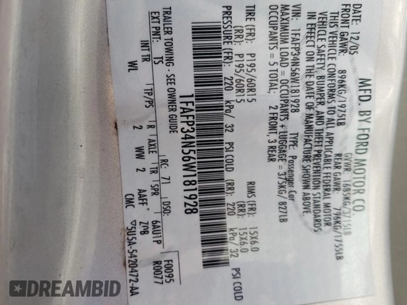 2006 Ford Focus S with VIN 1FAFP34N56W181928, listed as a Copart auction lot 59933385 with Not provided miles and Salvage title. Bid and sale history available at DreamBid. Image 12.