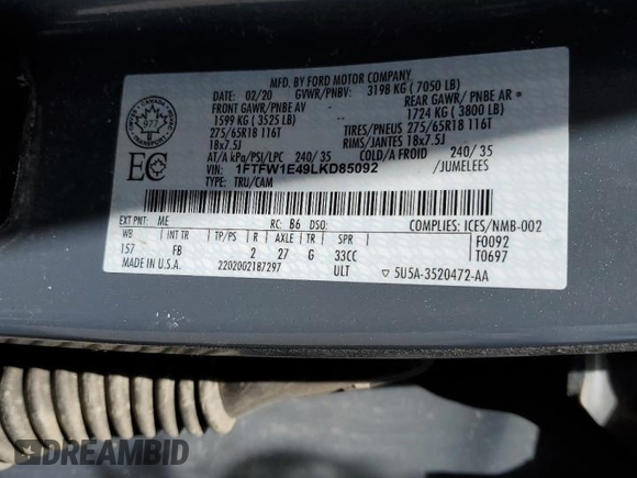 2020 Ford F-150 XL with VIN 1FTFW1E49LKD85092, listed as a Copart auction lot 50494154 with 0 mi miles and Salvage Title. Bid and sale history available at carsss.com. Image 12.