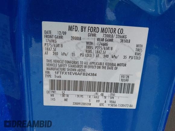 2010 Ford F-150 XL with VIN 1FTFX1EV6AFB24384, listed as a IAAI auction lot 42259909 with 85,110 mi miles and . Bid and sale history available at DreamBid. Image 9.