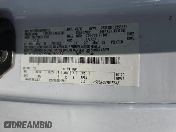 2017 Ford F-150 XL with VIN 1FTEX1CP9HKC89332, listed as a IAAI auction lot 42849122 with 193,158 mi miles and . Bid and sale history available at DreamBid. Image 23.