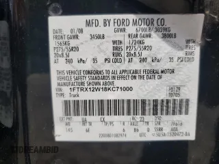 2008 Ford F-150 STX z VIN 1FTRX12W18KC71000, wystawiony jako Copart lot #62380915 z przebiegiem 183 273 mil mil oraz Czysty tytuł • Clean title. Historia ofert i sprzedaży dostępna na DreamBid. Obrazek 12.