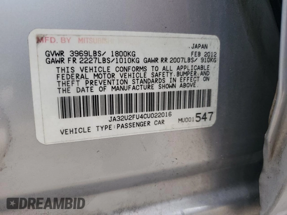 2012 Mitsubishi Lancer ES with VIN JA32U2FU4CU022016, listed as a Copart auction lot 81498494 with 138,290 mi miles and Salvage Title. Bid and sale history available at DreamBid. Image 12.