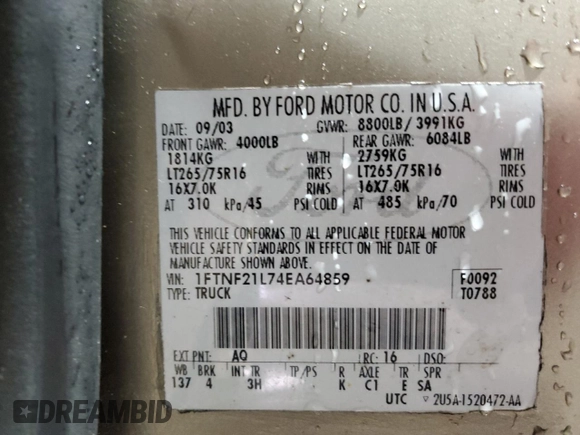 2004 Ford F-250 XL with VIN 1FTNF21L74EA64859, listed as a Copart auction lot 60397875 with 268,149 mi miles and Salvage title. Bid and sale history available at DreamBid. Image 12.